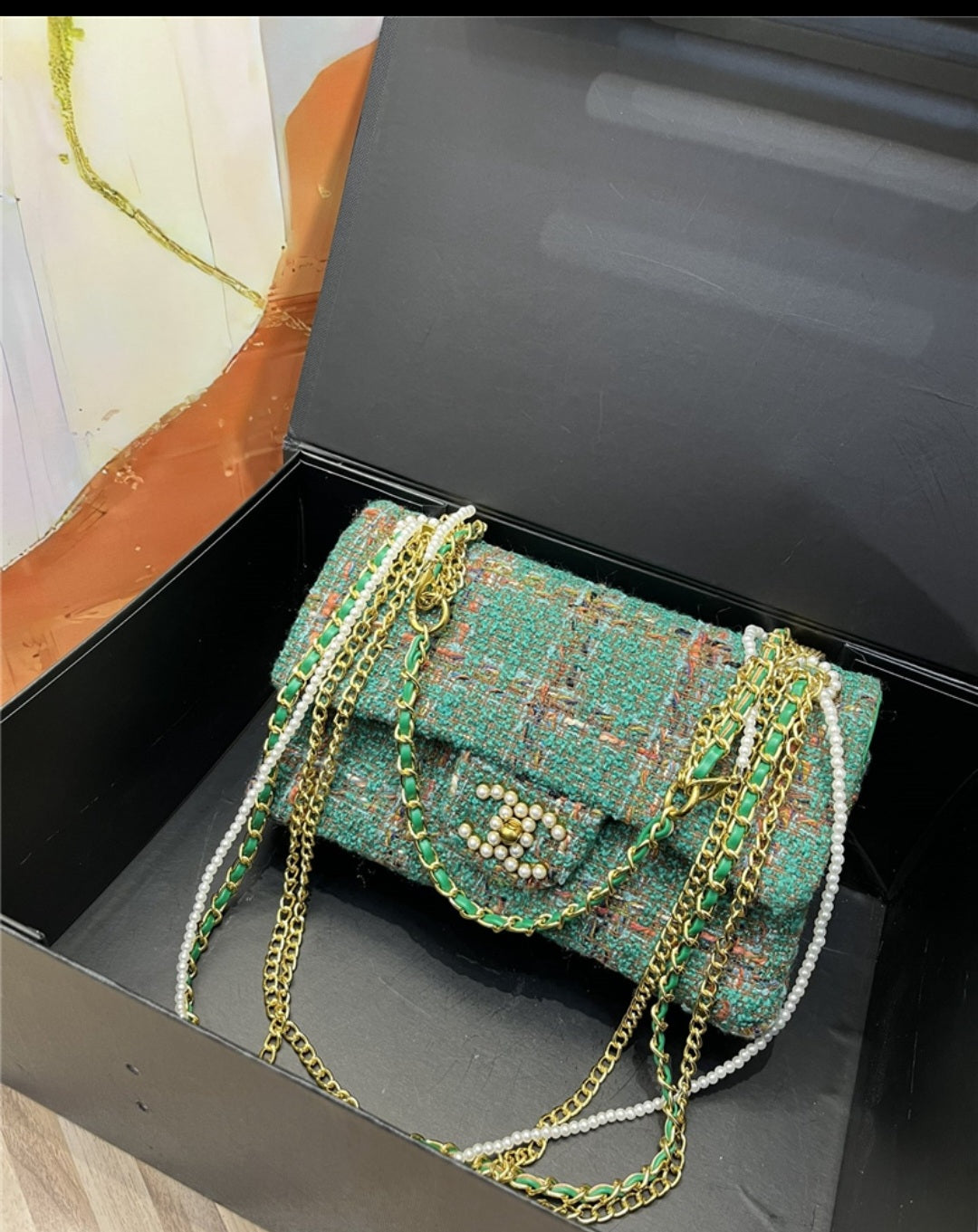 CC Large Double Flap Bag with Cut Out Handle and Multi Chain Green Tweed Gold Hardware