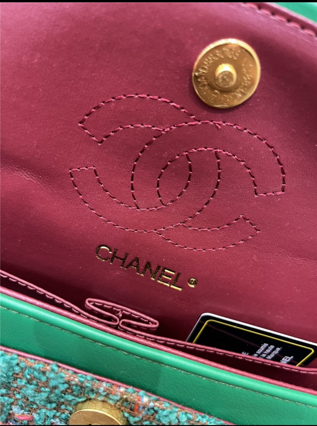CC Large Double Flap Bag with Cut Out Handle and Multi Chain Green Tweed Gold Hardware